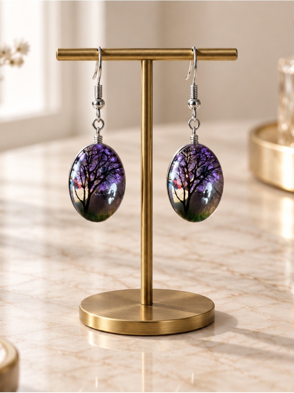 Fashion Jewelry Purple Tree Oval Dangle Earrings